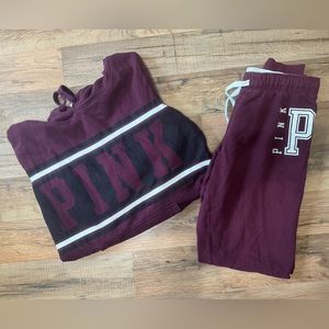 Used Victoria’s Secret PINK 2pc Set Hooded Sweatshirt Sweat Pants Maroon Size XS